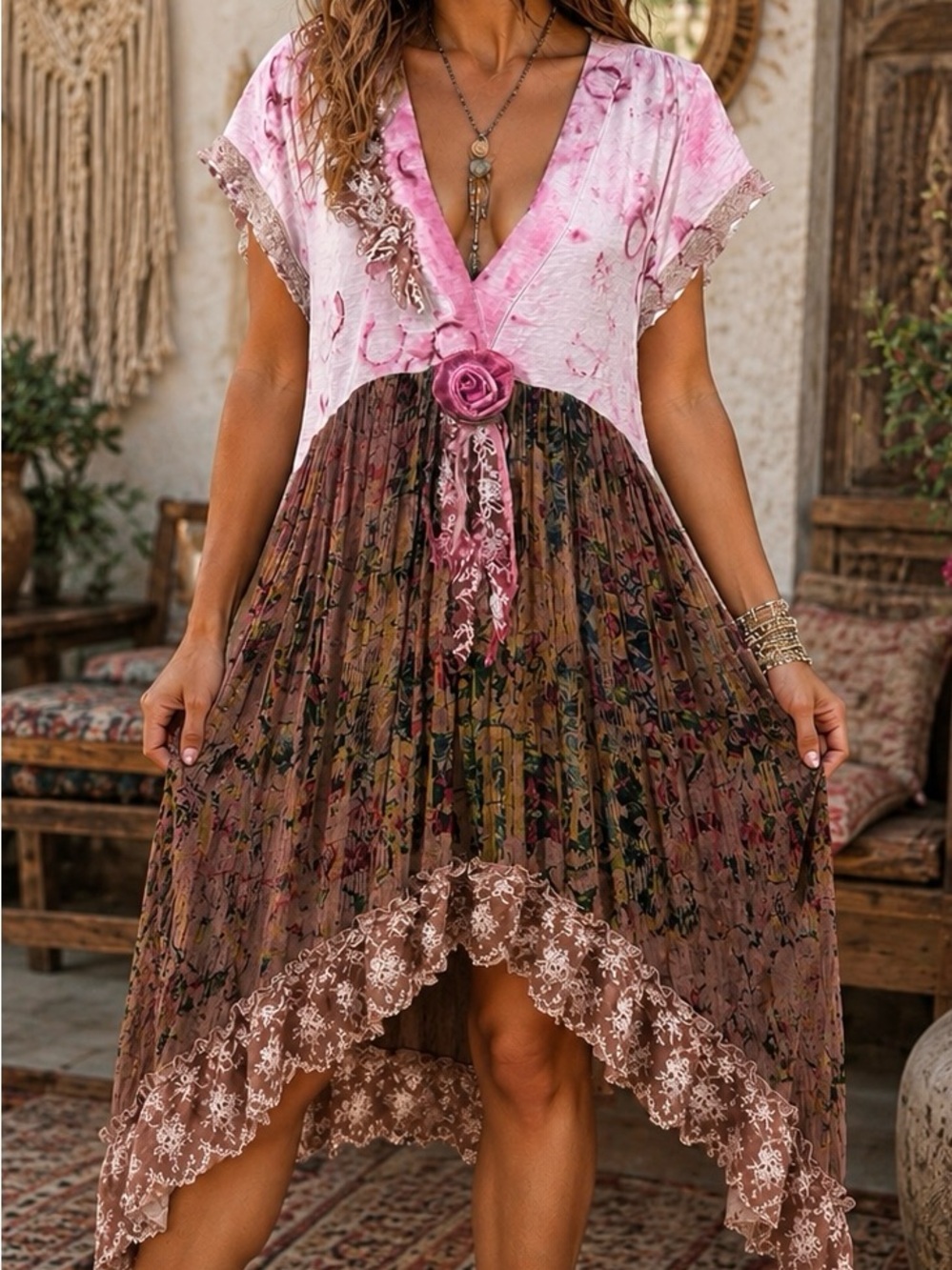 Floral V-Neck Tie-Waist Tunic in Pink and Brown